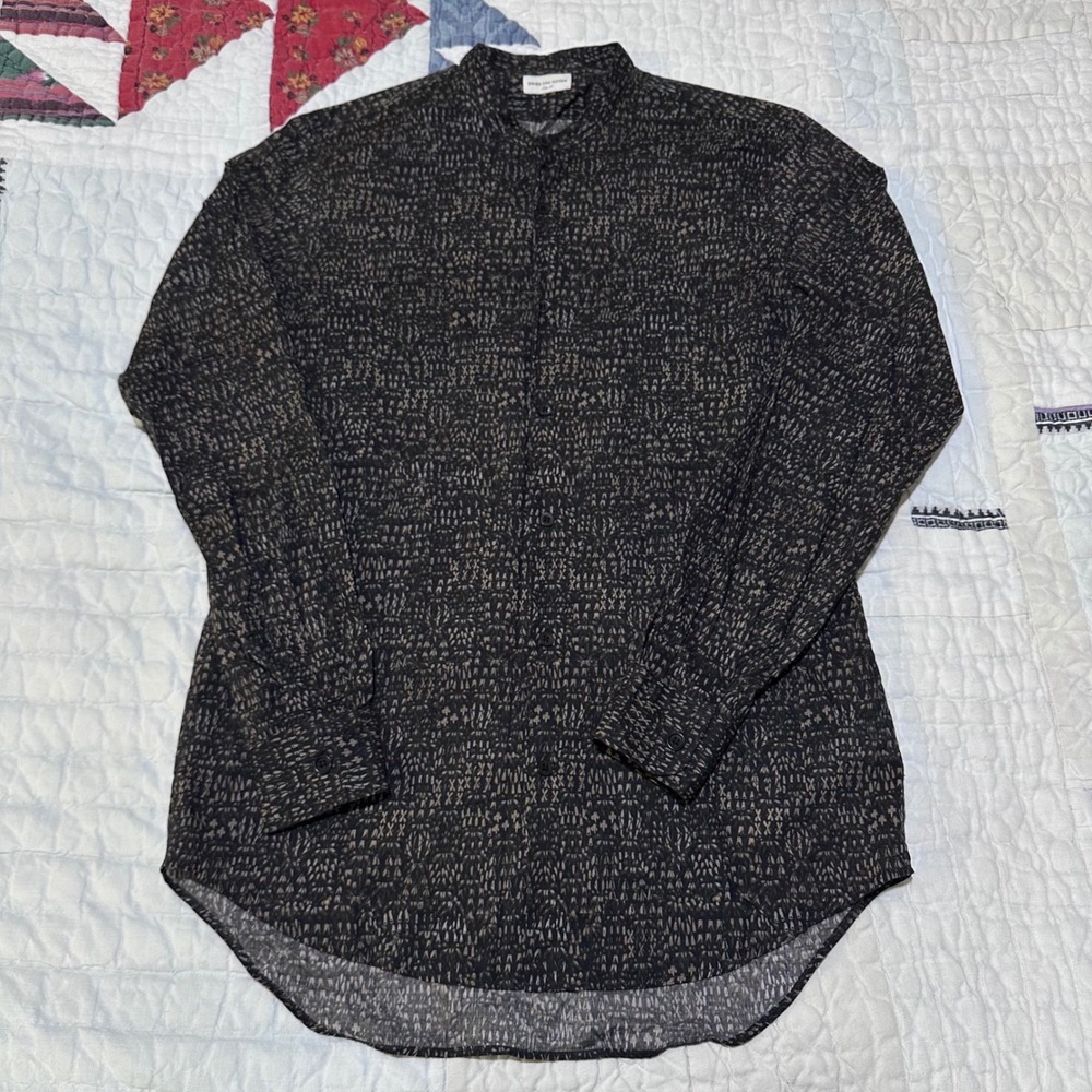 Dries Van Noten Button Down Shirt Dark Grey Tan Abstract Print Band Collar 48